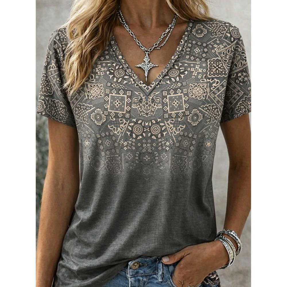 Damen Boho Bandana-Print V-Ausschnitt T-Shirt, Lässige Kurzarm-Tops, Ethnischer Stil Tägliche Kleidung für Frühling & Sommer