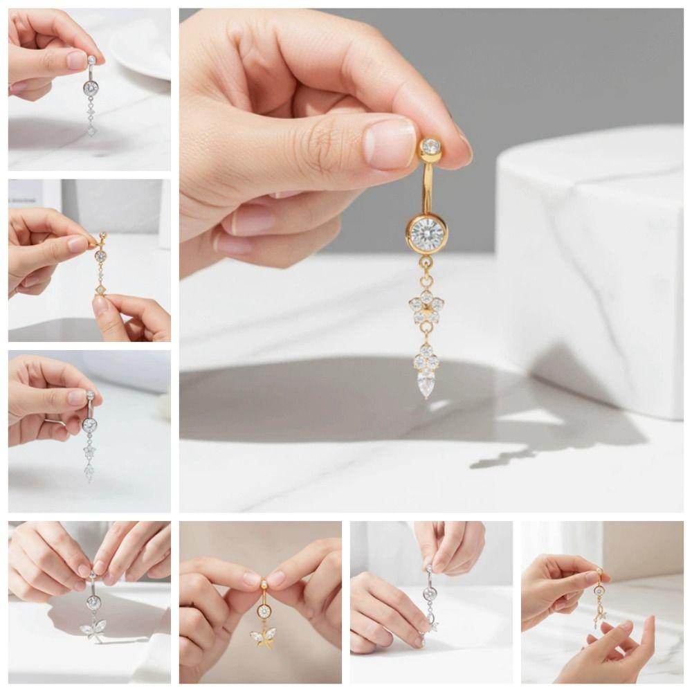 Alloy Rhinestone Piercing Belly Dual Color Shiny Leaf Navel Jewelry Exquisite Dangled Design Flower Rhinestone Belly Ring Beach