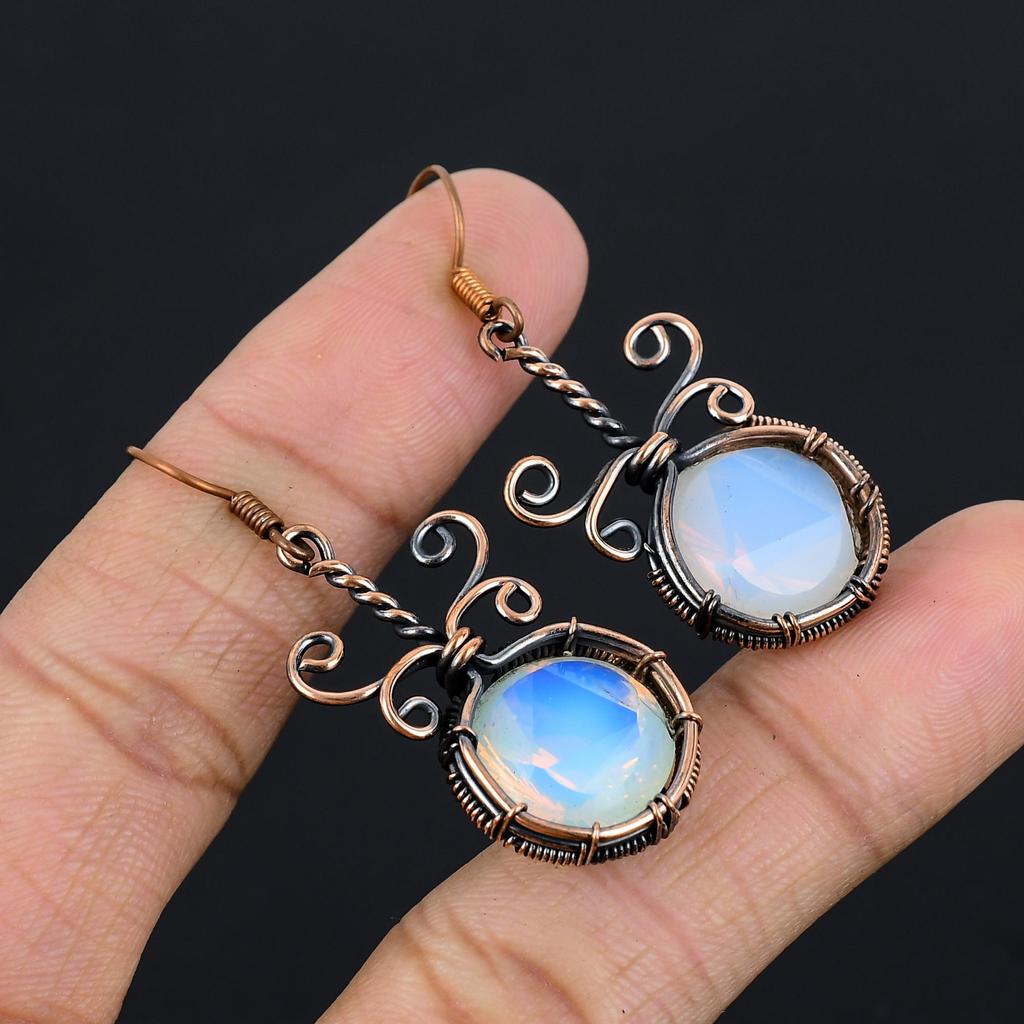Milky Opal 999 Copper Wire Wrapped Earrings, Handmade Gemstone Earrings Jewelry, Gifts For Wife Brand New Earrings