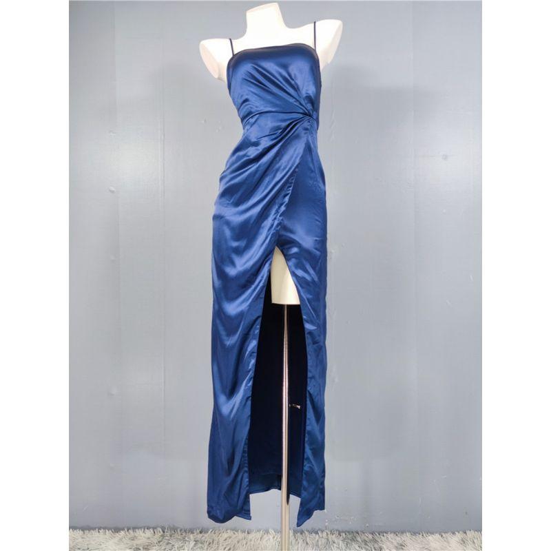 Foreign Trade Order Lu's Sling Smooth Fabric Beautiful Square Collar Pleat Split Temperament Elegant Royal Sister Slimming Dress