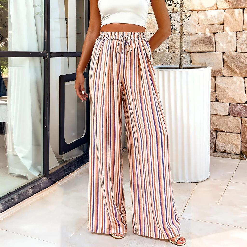 Women's Casual Summer Pants Elastic Waist Wide Leg Trousers Vertical Striped Print Lightweight Breathable Fabric Comfortable Fit
