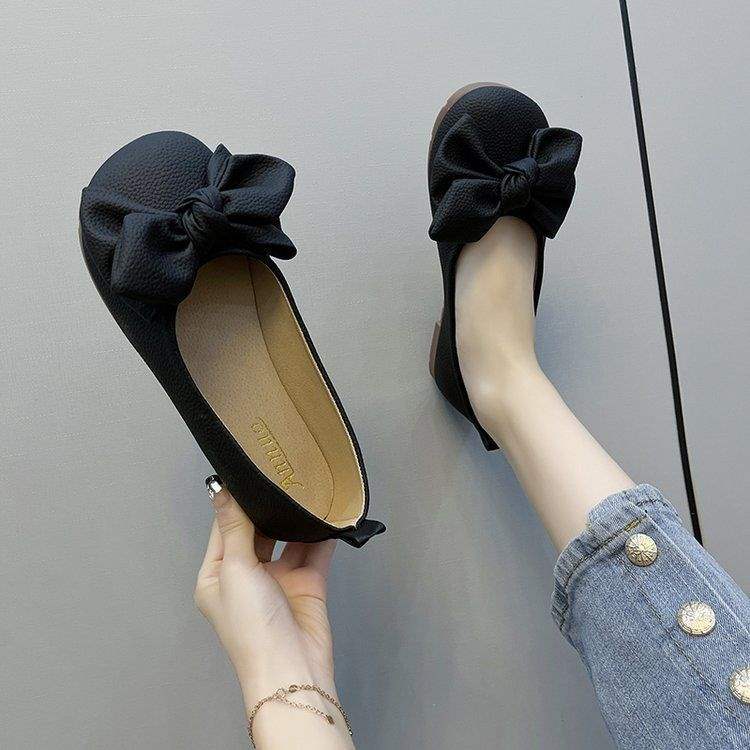 Schwarze Arbeitsschuhe flacher Mund flacher Boden Damenschuhe neue Schleife Beanie Schuhe weiche Sohle Mode vier Jahreszeiten einzelne Schuhe Mutterschuhe