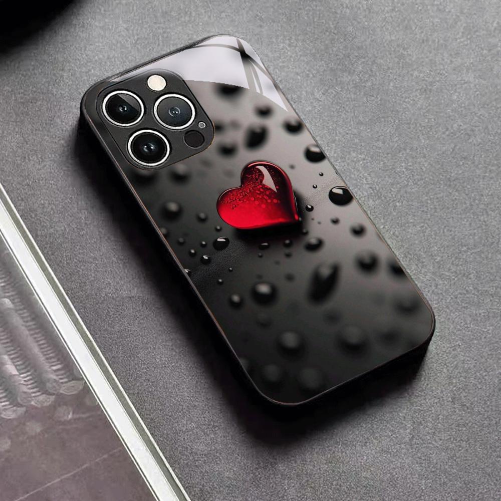Red Heart Shape Glass Phone Case For iPhone 16 15 14 13 12 Pro Max Max Hard Shockproof Glossy Glass Back Cover Phone Shell
