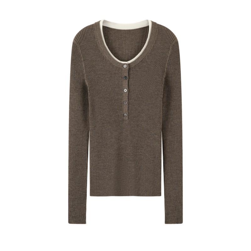 Elegant 60s Count Wool Round Neck Slimming Sweater - Women's Spring/Autumn Style, Faux Two-Piece Design