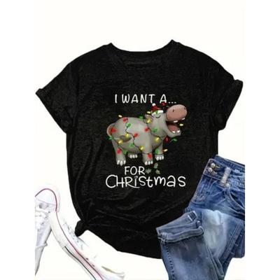 180g Großes Damen-T-Shirt "Nilpferd als Weihnachtsgeschenk" Lässiges Oberteil mit Rundhalsausschnitt und kurzen Ärmeln, geeignet für die Feiertage
