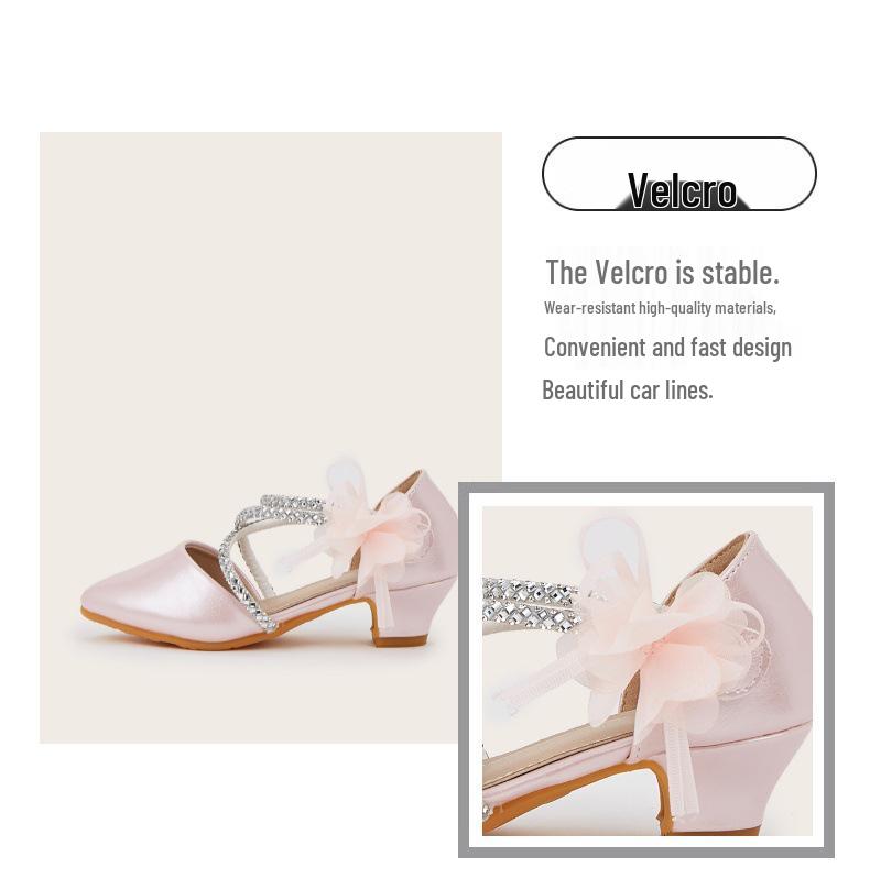 Girls' Pointed Toe Flower Princess Sandals - Chunky Heel, Hollow Design for Spring/Summer 2025