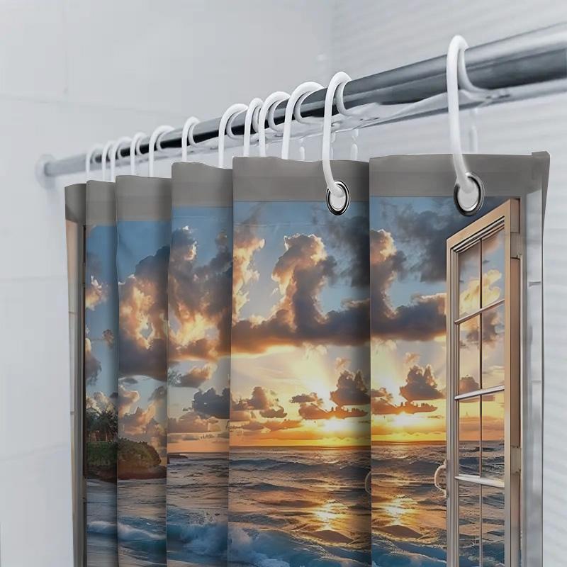 Enjoy Seaside Scenery In Your Bathroom With Our Beach View Shower Curtain Open Window Design Waterproof Fabric Set Easy-Clean