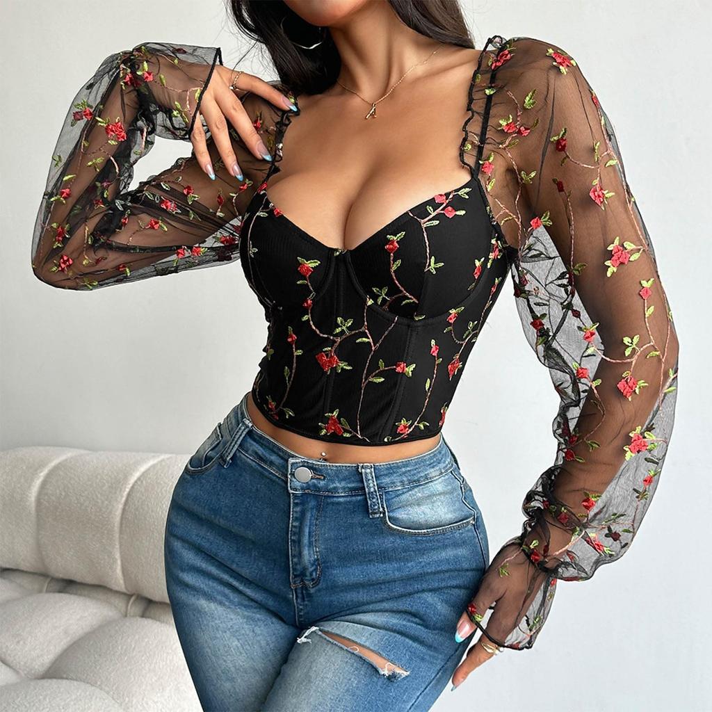 Damen Off-Shoulder Korsett Tops Trendige Floral Bestickte Mesh Langarm Crop Tops