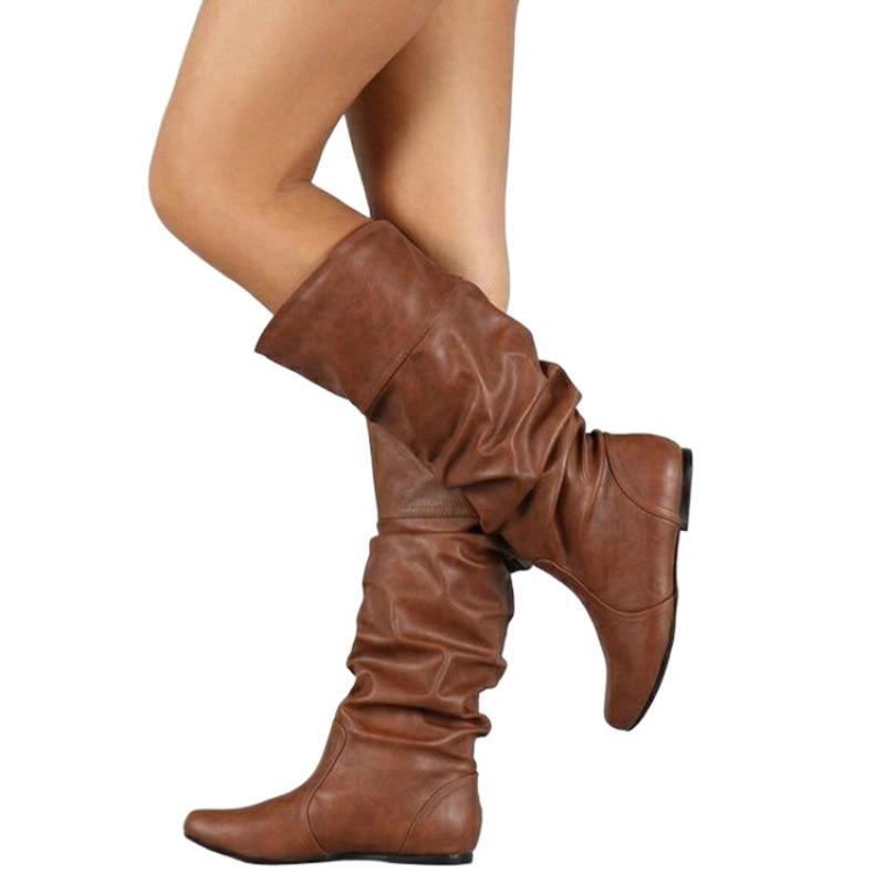 Women's Fall Winter Flat Inner Height Increasing PU Leather Round Toe Slip-On Slimming Tall Boots.