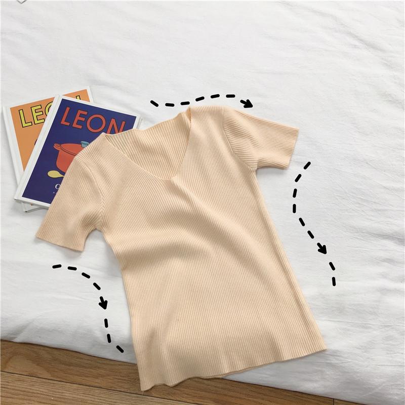 Sommer Slim Dünnes V-Ausschnitt Unterhemd Retro Kurzarm T-Shirt Hundert Gestrickte Pullover Tops Damen Linie Kleidung Lässige Slim Fit Pullover T-Shirts