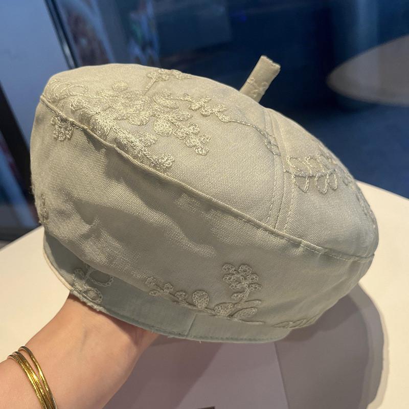 Style Mesh Beret Hat With Embroidery And Flower Pattern For Summer Fashion