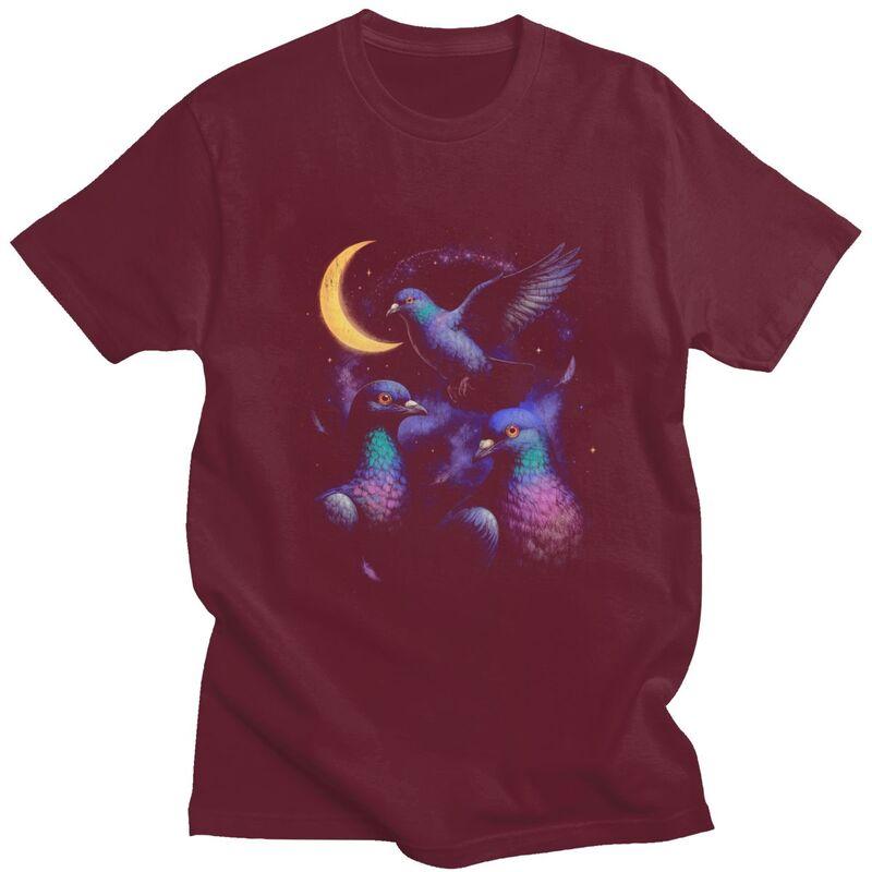 Male Cosmic Pigeons Under The Crescent Moon T Shirt Pure Cotton Colthing Fashion Casual Design Graphic Tees Shirt