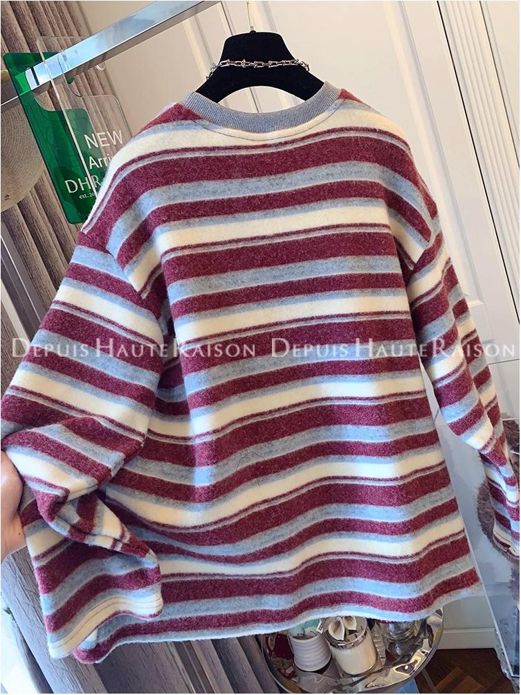 Women's Lazy Style Stripe Plush Long-Sleeve Age-Reducing T-Shirt - 2025 Autumn/Winter Collection