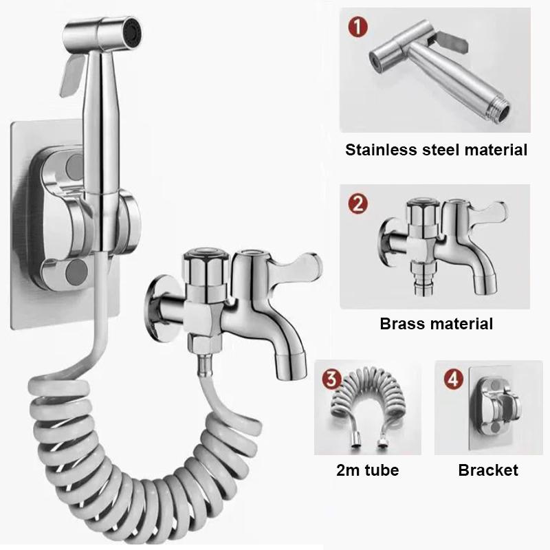 Heavy Duty Brass Spray Gun Kit with Dual-Outlet Faucet, 2M Flexible Hose & Adjustable Holder, for Bathroom/Laundry/Garden