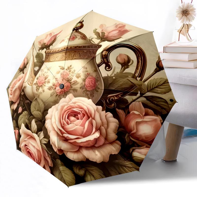 Pink Roses And Butterflies Automatic Umbrella Retractable Design with 8-Rib Durability Sturdy Construction All-Season Umbrella for Travel
