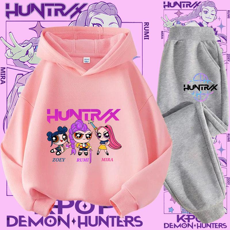 New K-pop Demon Hunter 3 - 12-year-old Girls' Sportswear 2-piece Cute Casual Top Children's Hooded Shirt Set with Cartoon Print