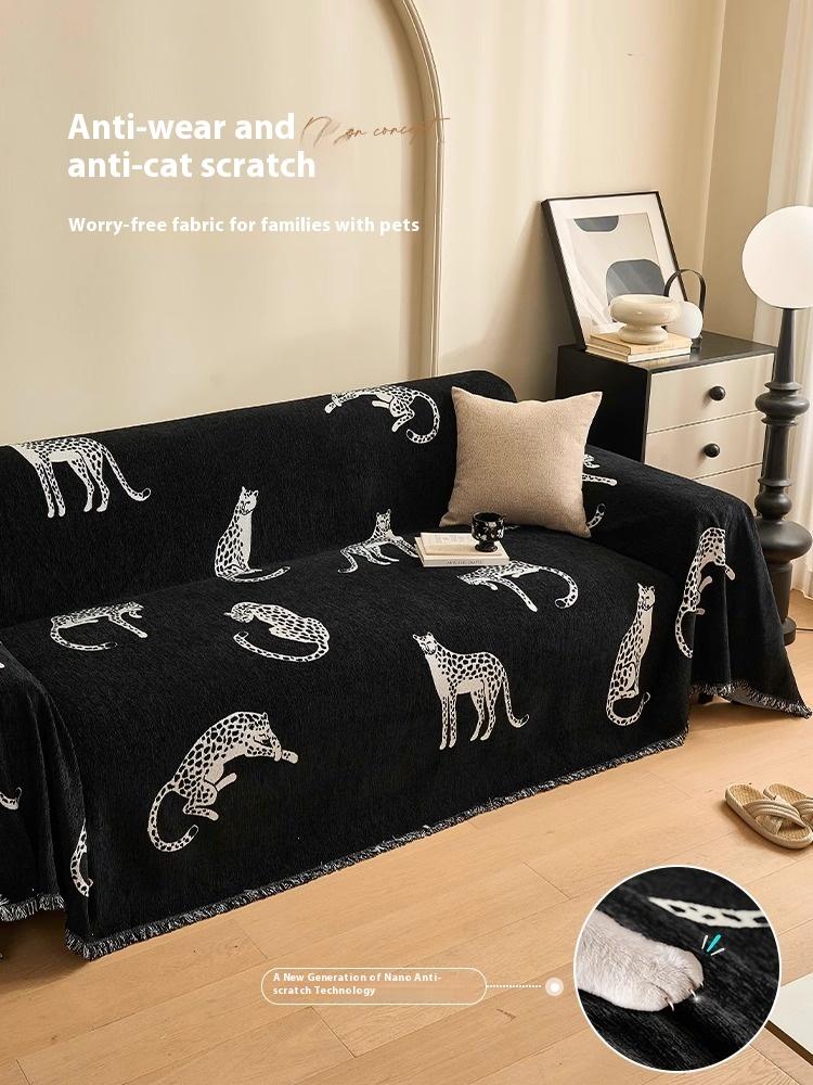 Animal Printed Chenille Weave Couch Protective Cover Scratch Proof Sofa Protector Grippy 3/4Seat Pet Proof Flexible Couch Throw For Living Space