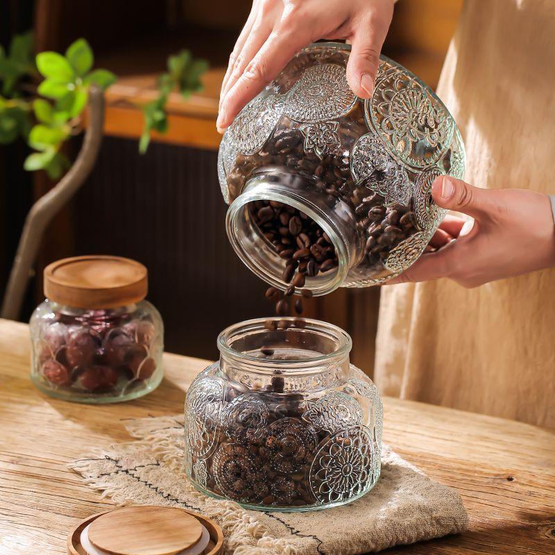 Vintage Begonia Pattern Glass Sealed Jar Storage Box Kitchen Household Dried Fruit Snacks Large Capacity Storage Jar Container