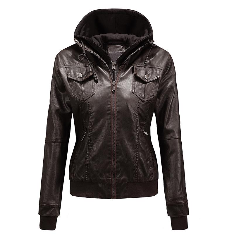 Grenzüberschreitende Damen Slim Motorradlederjacke mit abnehmbarer Kapuze - Herbst/Winter Modetrend