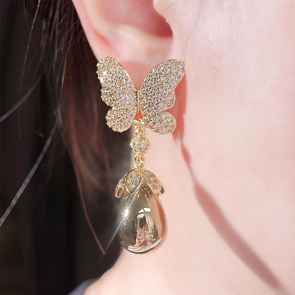 CMM Palace Style Hollow Design Zircon Butterfly Water Drop Artificial Pearl Pendant Earrings Wild Bride Wedding Party Accessories