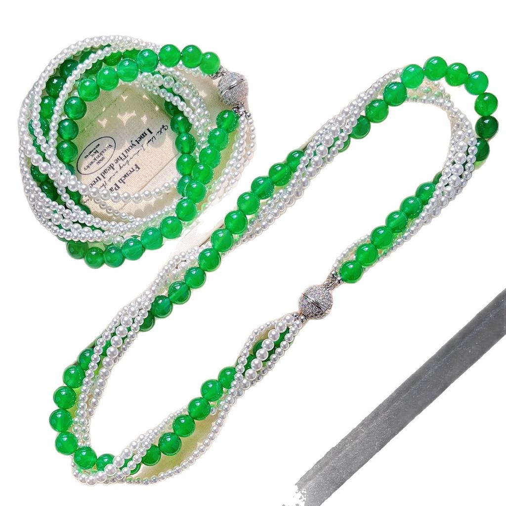 High Quality Natural Chrysoprase Artificial Crystal Pearl Multi-Layer Design Necklace Collarbone Chain