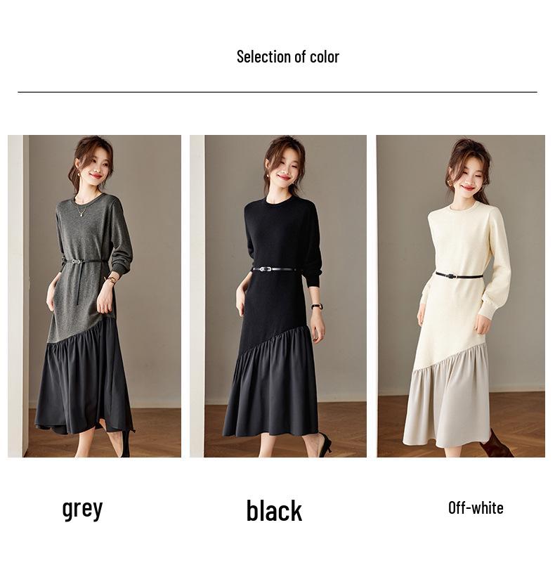 Chic French Patchwork Knit Dress for Women - Autumn/Winter 2025 Slimming Wool Base Layer with Tie-Up Detail