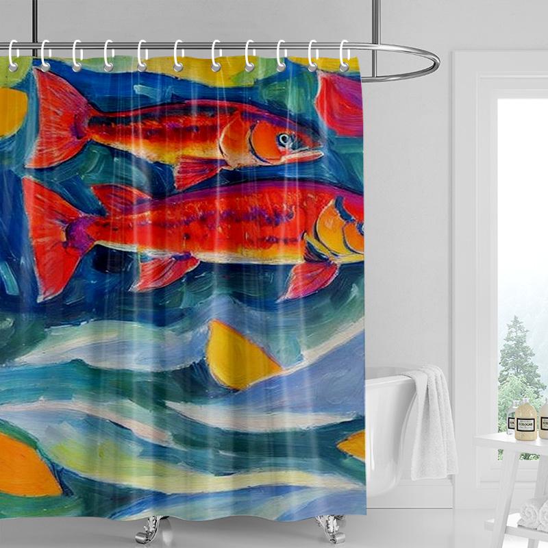 Textile Article Coral Tropical Fish Shower Curtain-Vibrant Watercolor Ocean Theme With Reef Pattern Waterproof Bathroom Decoration