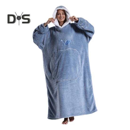 Winter Wearable Blanket Bathrobe with Big Pocket Thick Double-sided Fleece Loose Long Sleeves Pajamas Heat Retention Full Protection Home Lazy Sleeve