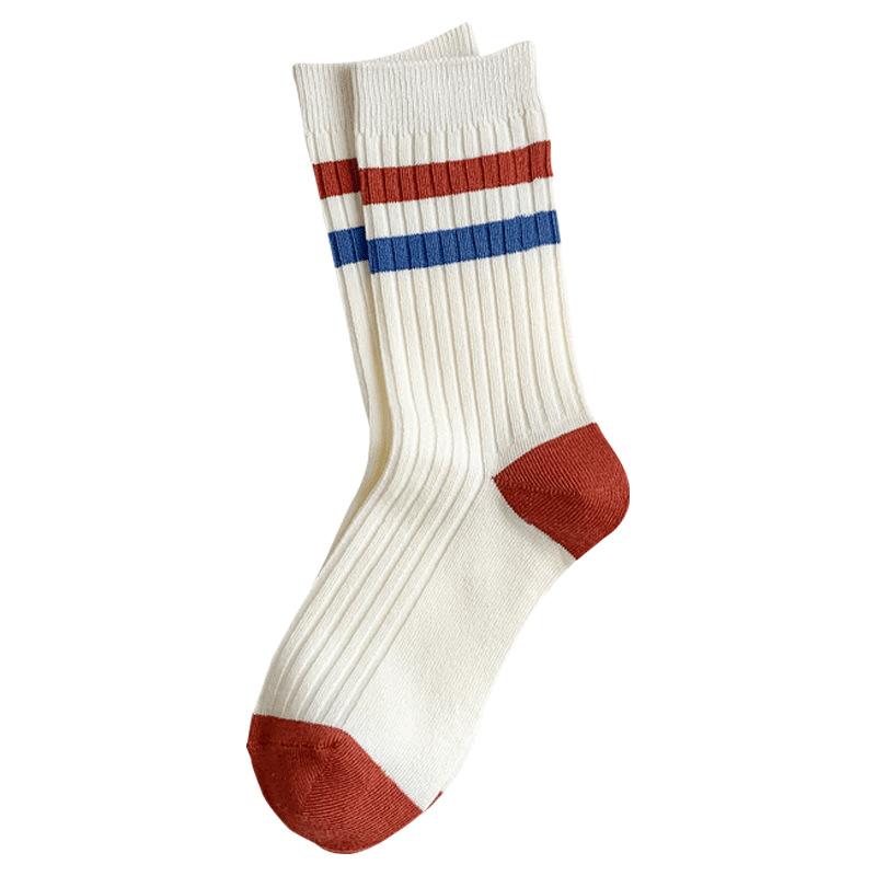 5 Pairs of Women's Spring and Autumn Striped Embroidered Cotton Socks
