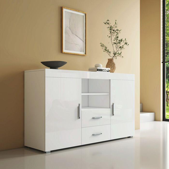 Buffet Bahut 2 portes 2 tiroirs | 140 x 80 x 40 cm | Couleur Blanc Brillant | Rangement | ROQUE