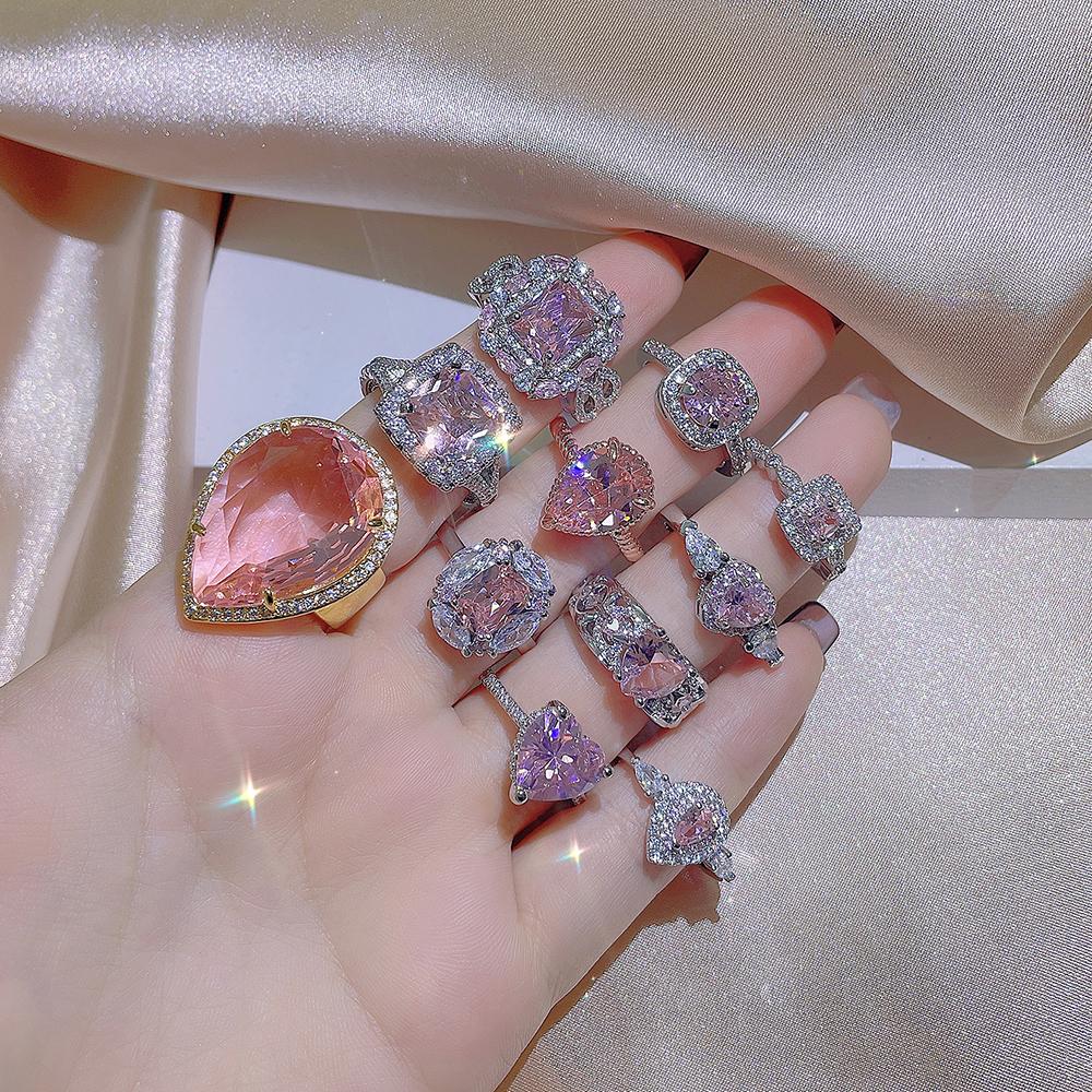 NEW Classic 925  Inlaid Zircon Engagement Ring Pink Crystal Women Shiny Zircon Jewelry Heart-shaped Pink Women's Ring