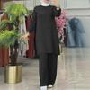 H712# Damen Einfarbig Zweiteilige Sportbekleidung: Elegantes Set aus Langarmhemd und weiten Hosen