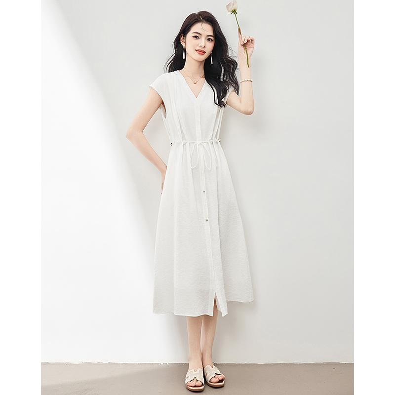 Thin strip mid length dress sleeveless V-neck casual skirt