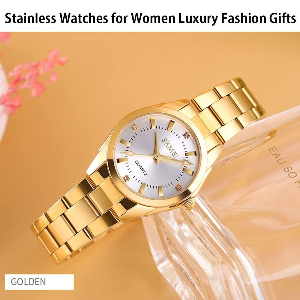 Skmei Women's Watch Gold Fashionable Stainless Steel Waterproof Classic Analog Quartz Casual Elegant Gift