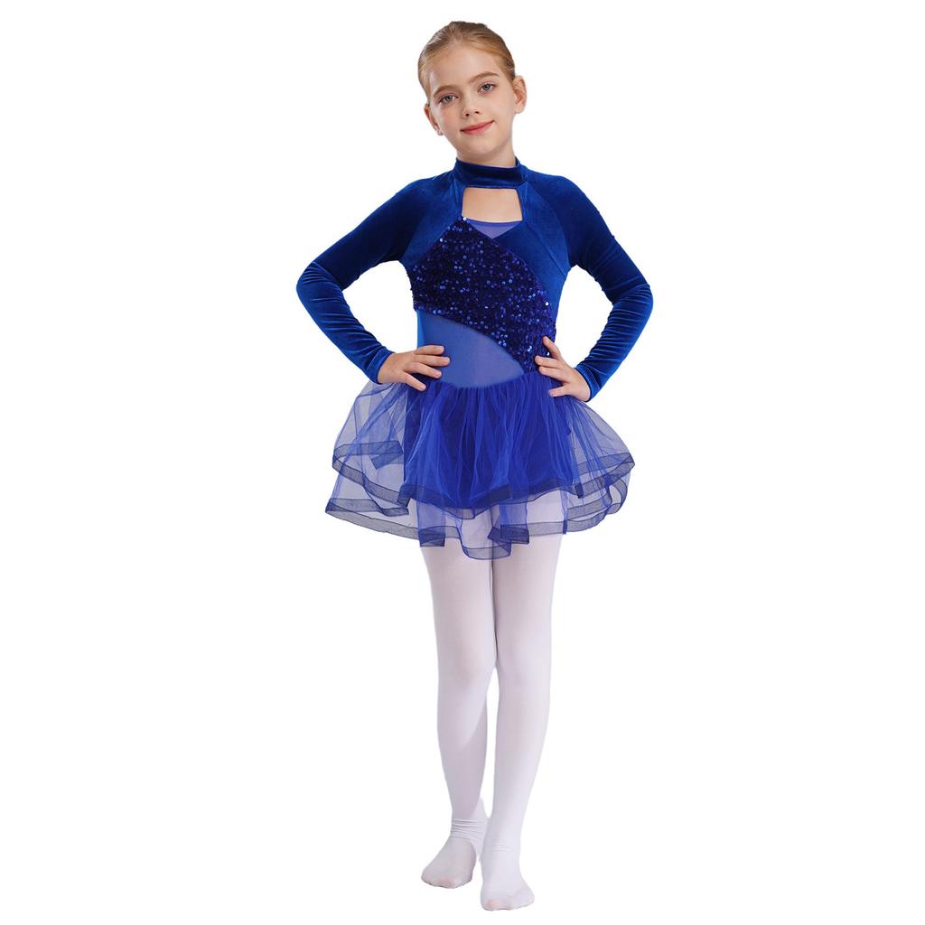 Girls Sparkling Sequins Dance Dress Mock Neck Long Sleeve with Velvet Patchwork Tutu Skirt for Performance 6-14