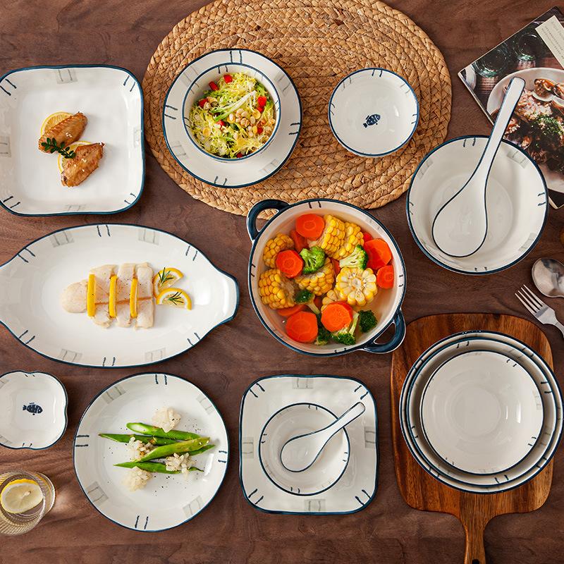 Japanese Creative Tableware And Dishes For Home Use New Ceramic Underglaze Color Rice Bowl Vegetable Plate Soup Bowl Noodle Bowl Fish Plate