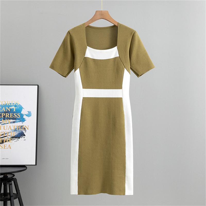 

Summer Women s Square Neck Bag Hip Skirt Striped Short Sleeved Knitted Slim Fit Dress One Size земля жовтий колір
