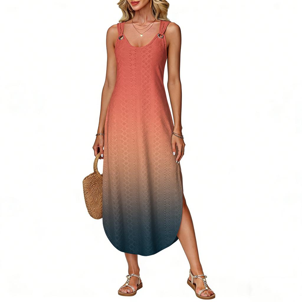 Women's summer long dress, sleeveless with side slits, long gradient vest dress