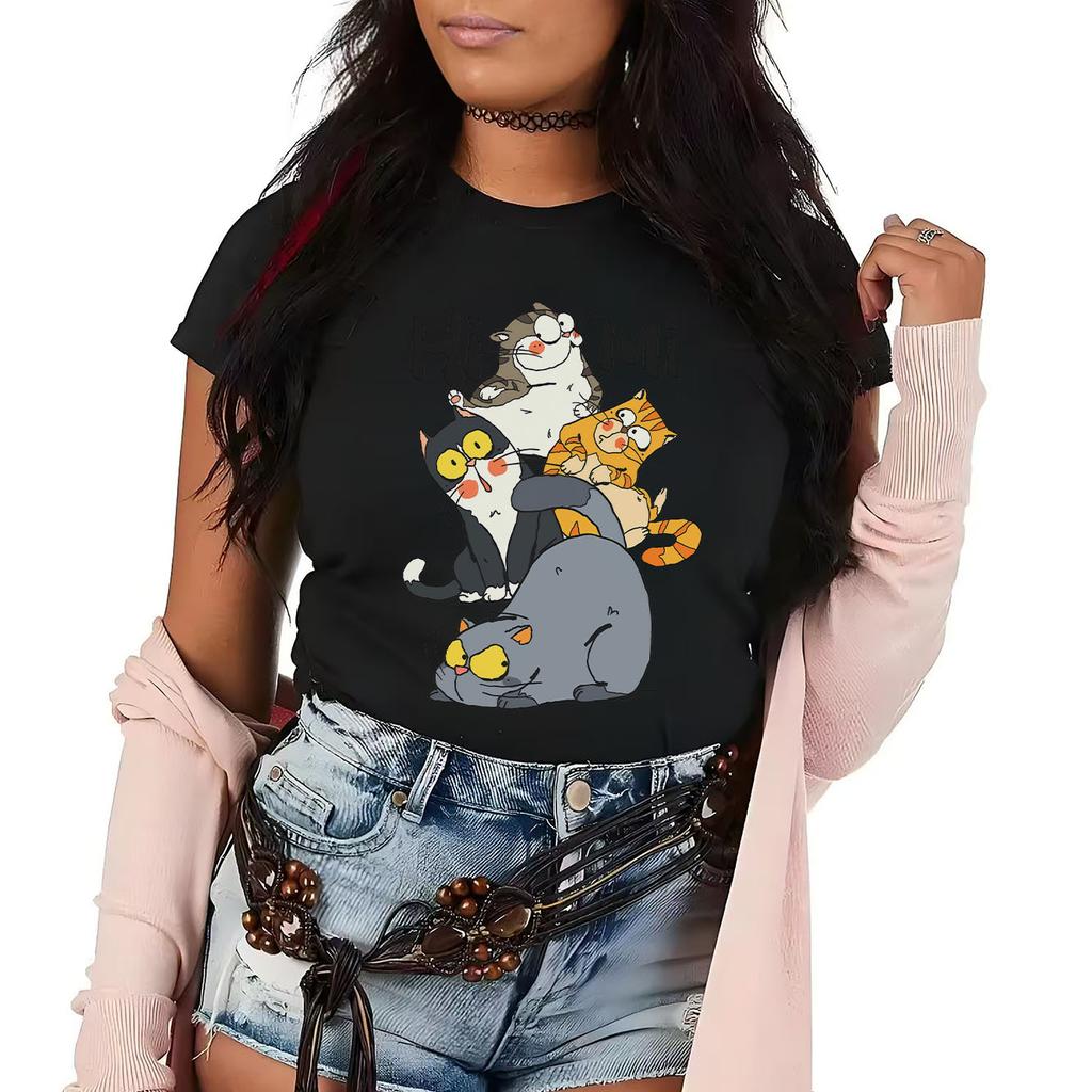 Cute cat HIMI cartoon print fashionable short sleeved round neck daily versatile Womens Tshirt suitable for all seasons
