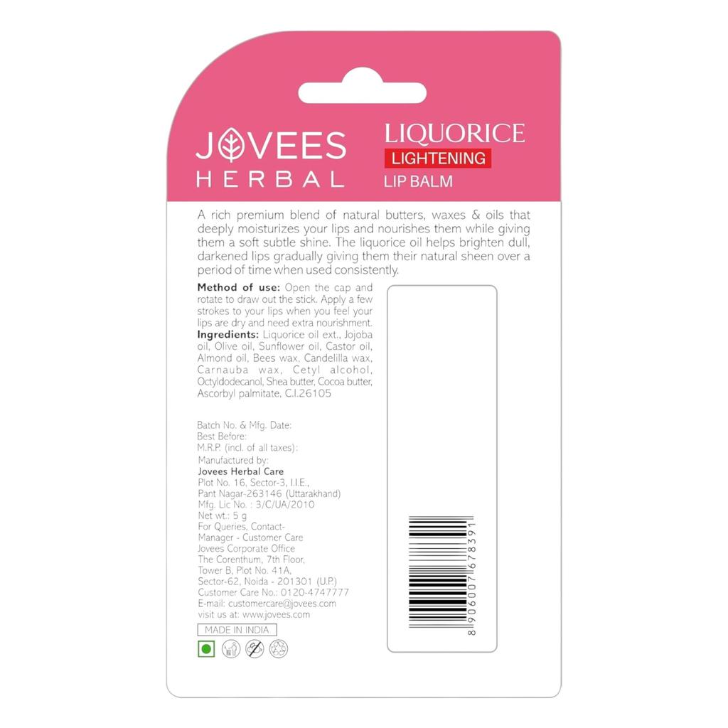Jovees Liquorice Lip Lightening Gloss Lip Balm 5G Hydrating Soft Smooth Lips Natural Shine