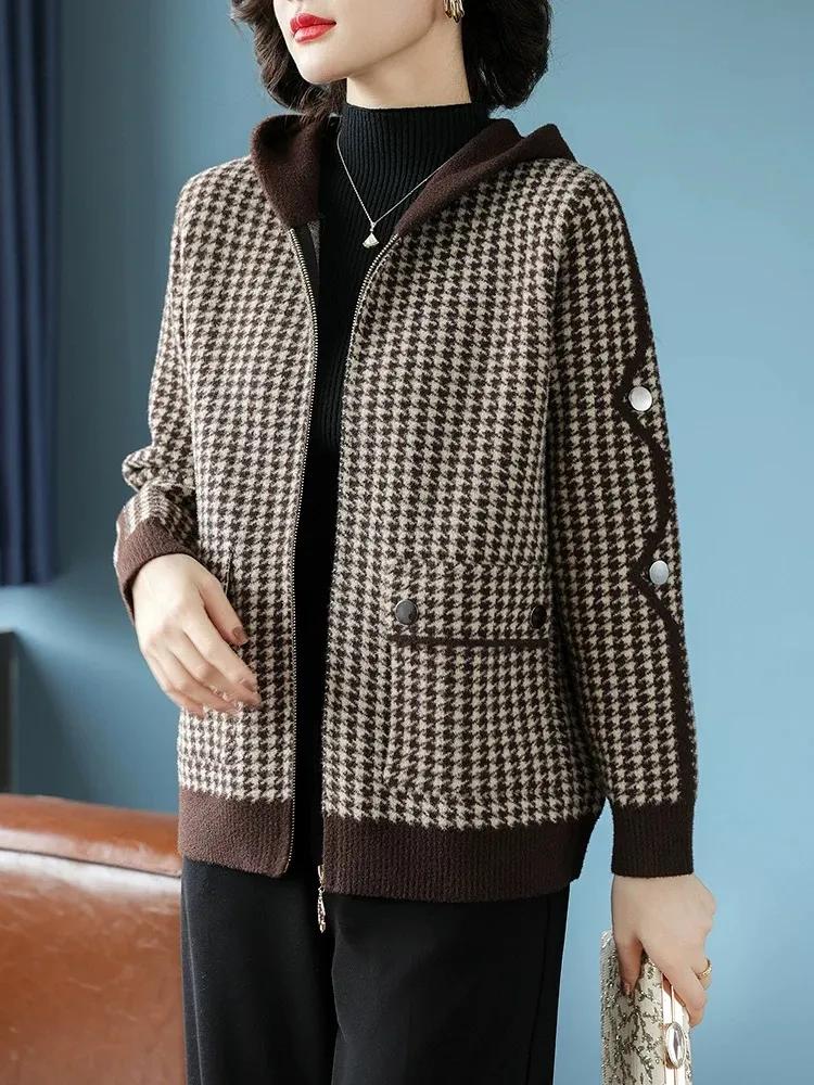 Damen Herbst Temperament Tweedjacke Mittelalterliche und Ältere Schlanke Kapuzenoberteile