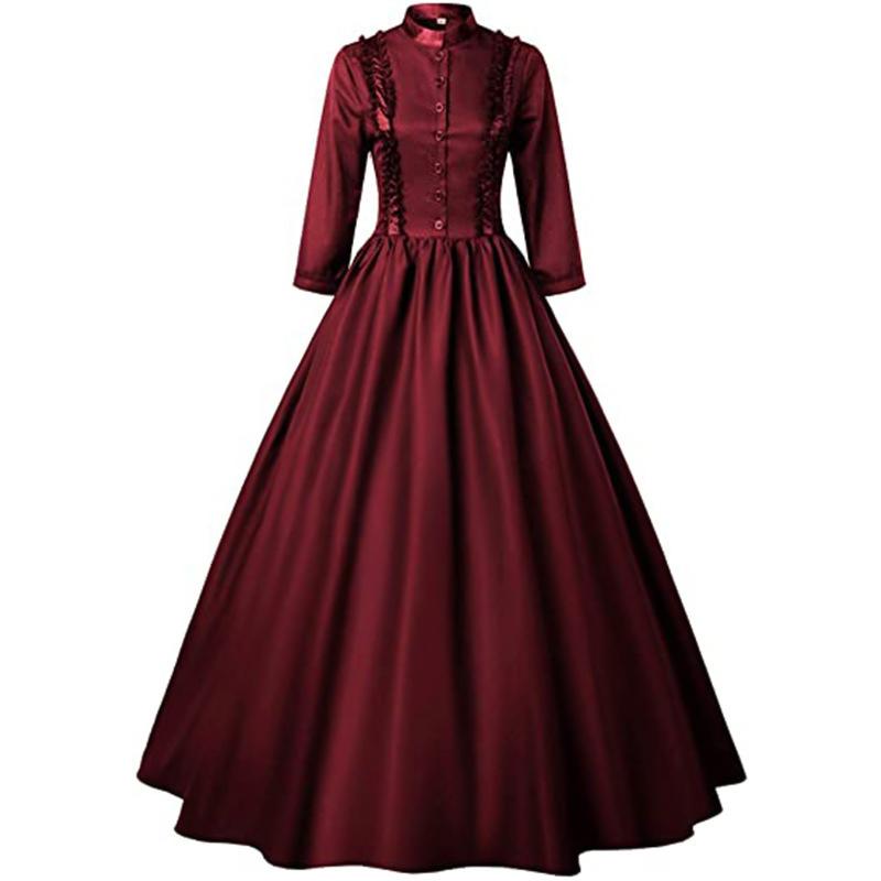 Vintage Victorian High Neck Ruffled Maxi Dress, 3/4 Sleeve A-Line Renaissance Gown for Women, Ideal for Cosplay, Halloween and Masquerade Parties