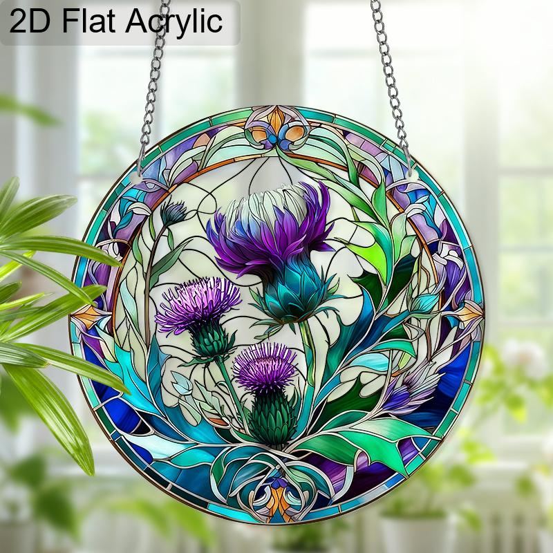 Acrylic Purple Thistle Flower Suncatcher Stained Glass Effect Window Hanging Ornament Flower Lover Gifts