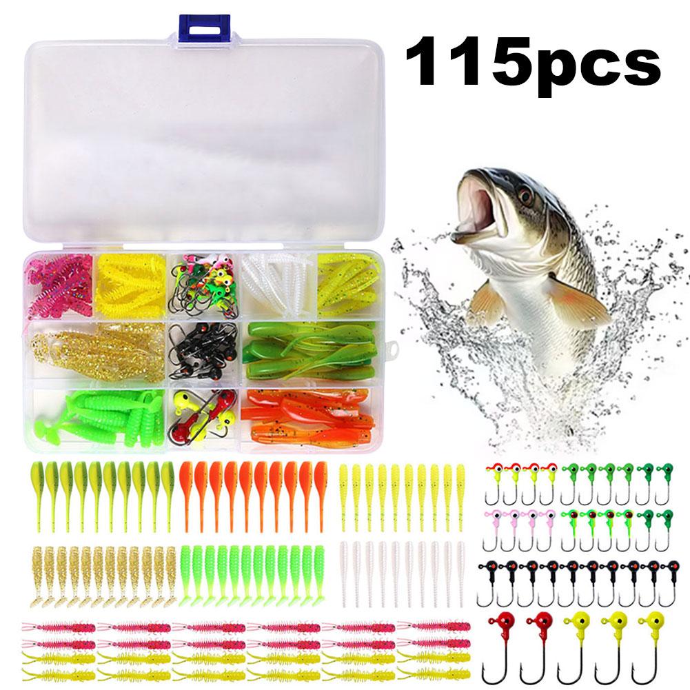 115pcs T Tail Soft Bait Set with Jig Head Hook Fishing Lure Accessories Set Soft Fishing Lure Tackle Box