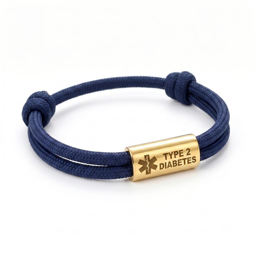 Bracciale Diabete di Tipo 2 Acciaio Inossidabile Barra Incisa Corda di Nylon Intrecciata Doppia per Uomo Donna