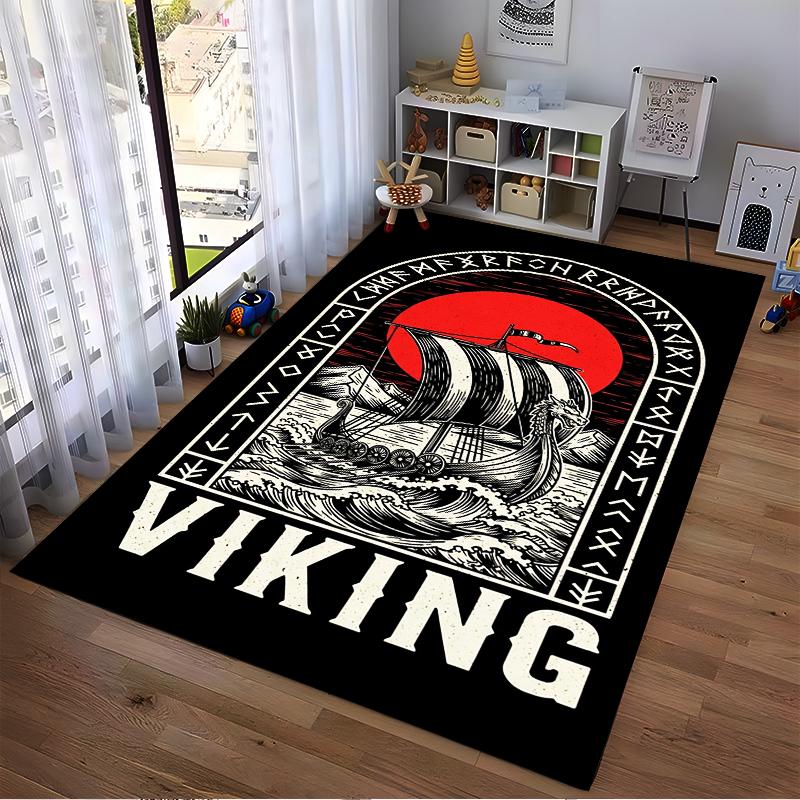 Viking Ship with Red Sun Design Non-slip Rug Suitable for Living Room and Bedroom Sofas