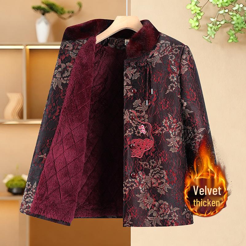 Warm Embroidered Cotton Tang Suit Jacket for Middle-Aged & Elderly Women - New Chinese Style, Fleece-Lined, Loose Fit