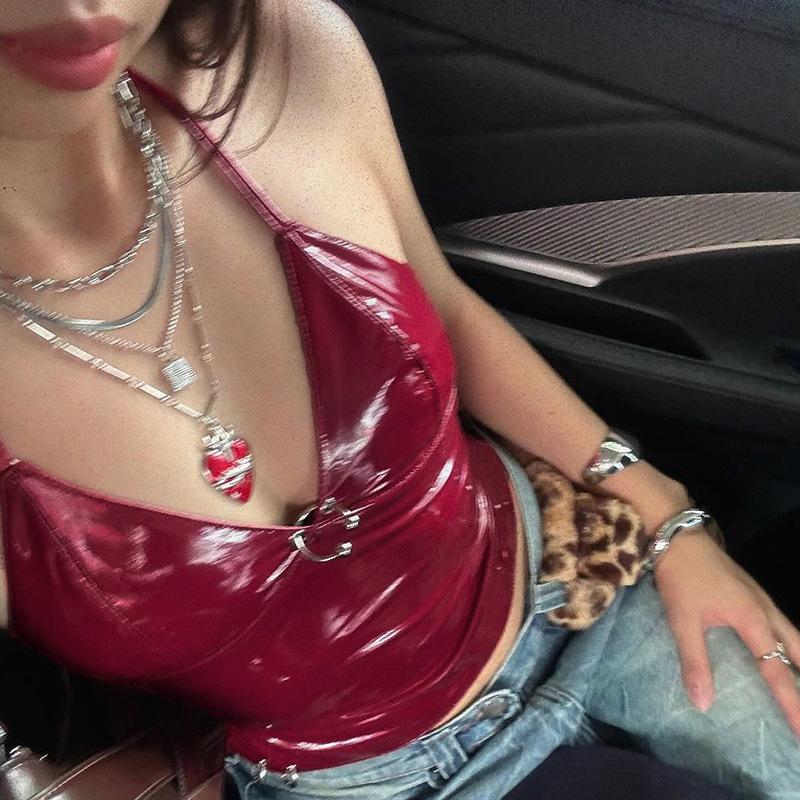 Christmas Solid Metal Button Women’s Halter Tops Sleeveless Pu Leather Punk Baddie Slim Women Blouses Streetwear Clothing