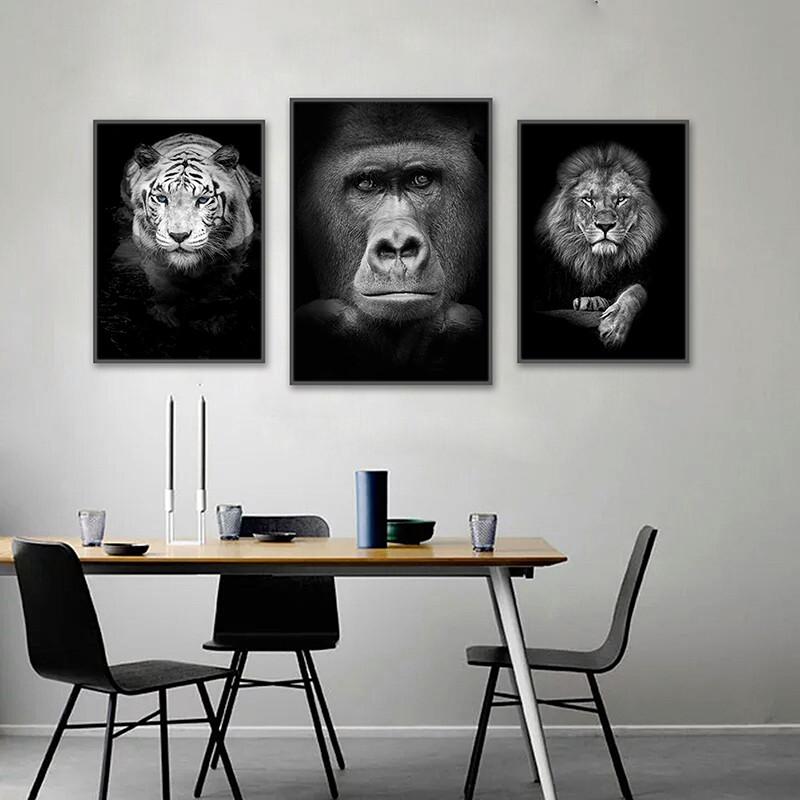 Black White Animal Wall Art Prints Unframed Modern Wild Lion Tiger Gorilla Posters for Living Room Bedroom Decor