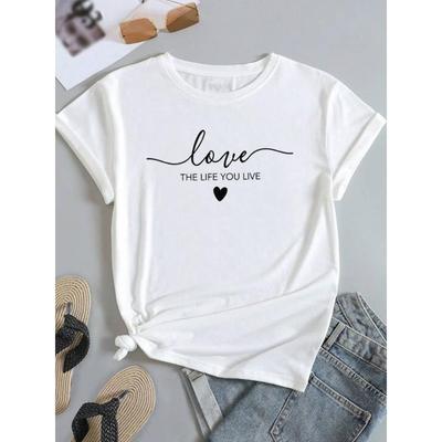 (Europäische Größe) Süße Liebe Trendige Damen Süßes Kurzarm Mode T-Shirt Oberteil Kleidung Druck Damen Freizeit T-Shirt Weibliche Grafik-T-Shirts